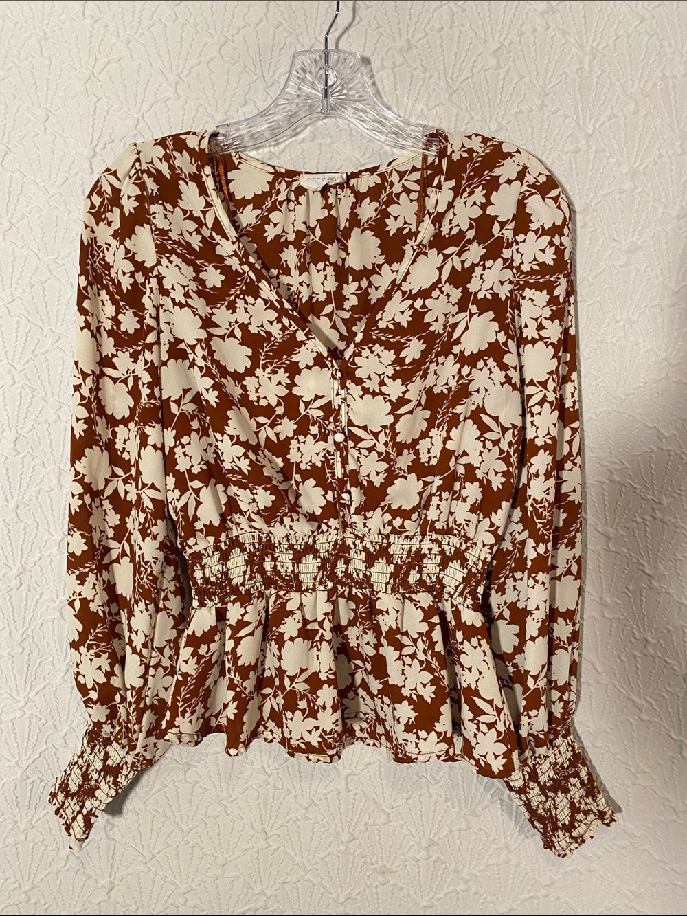 Sienna Sky Brown & Cream Floral Smocked Peplum Blouse Professional Feminine Sml